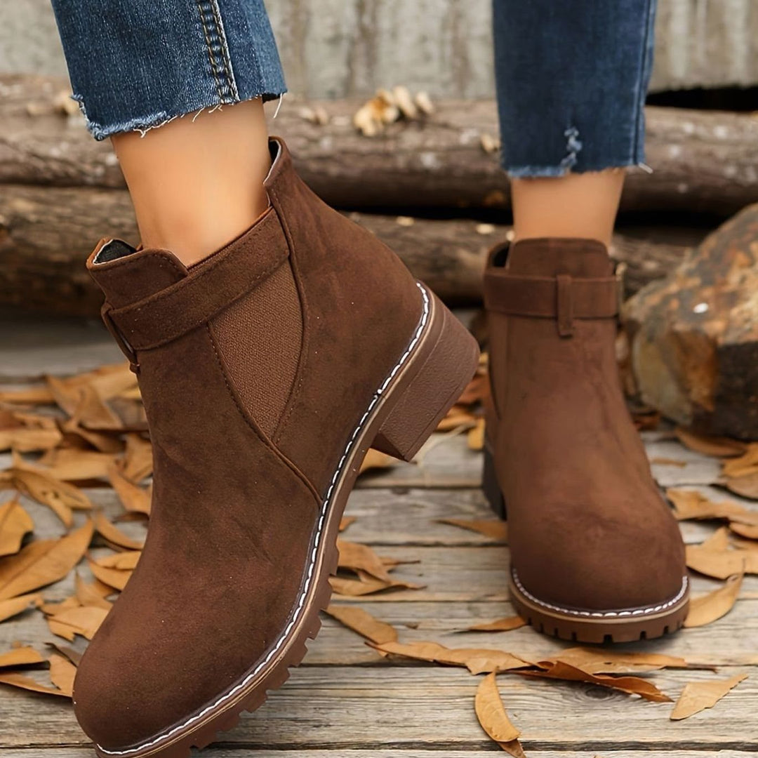 Women's Suede-Look Block Heel Buckle Slip-On Ankle Boots - Dark Brown