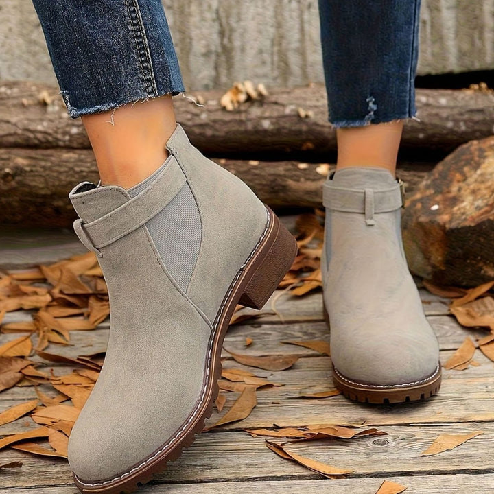 Women's Suede-Look Block Heel Buckle Slip-On Ankle Boots
