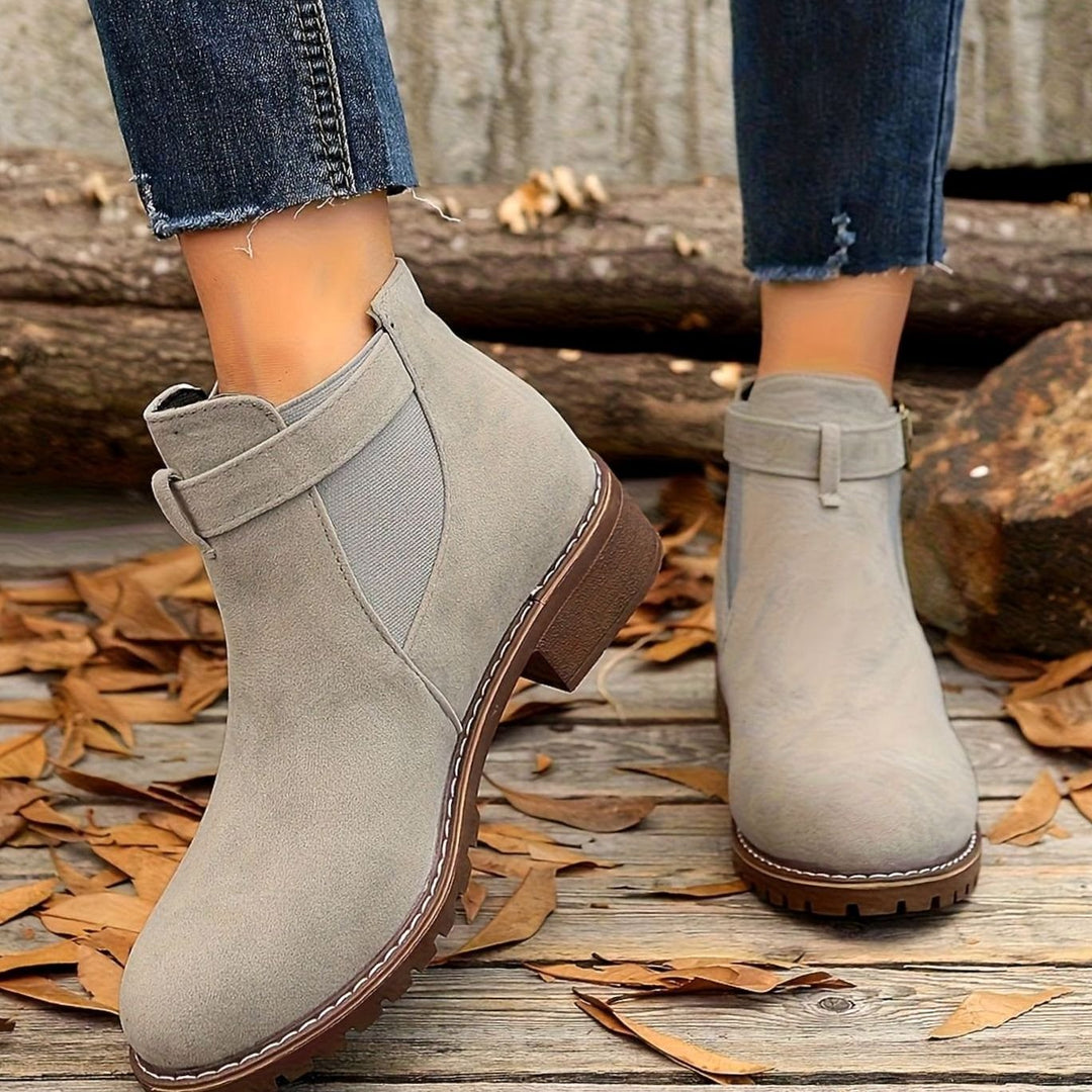 Women's Suede-Look Block Heel Buckle Slip-On Ankle Boots
