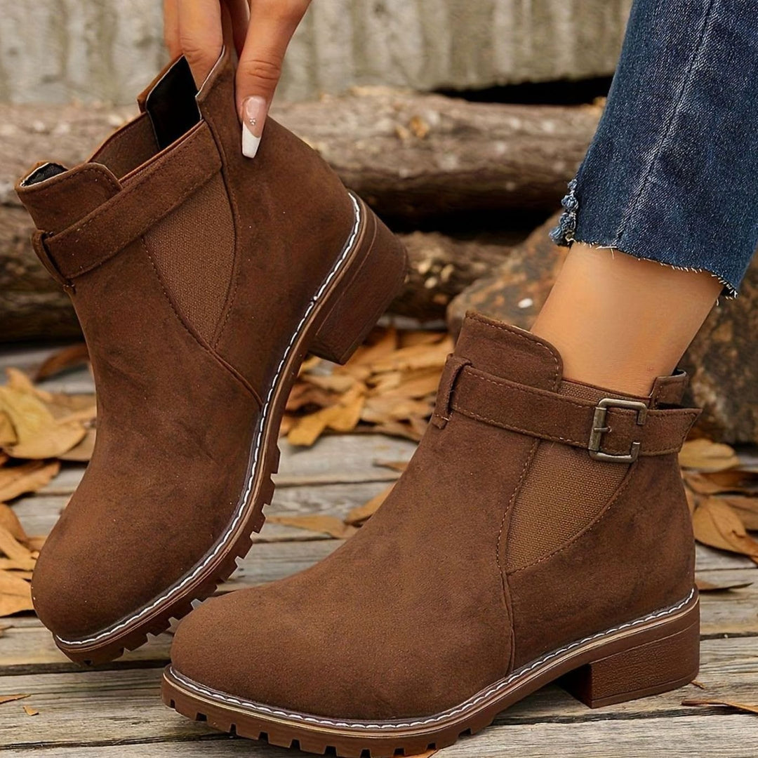Women's Suede-Look Block Heel Buckle Slip-On Ankle Boots