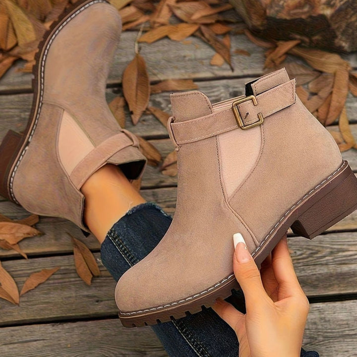 Women's Suede-Look Block Heel Buckle Slip-On Ankle Boots