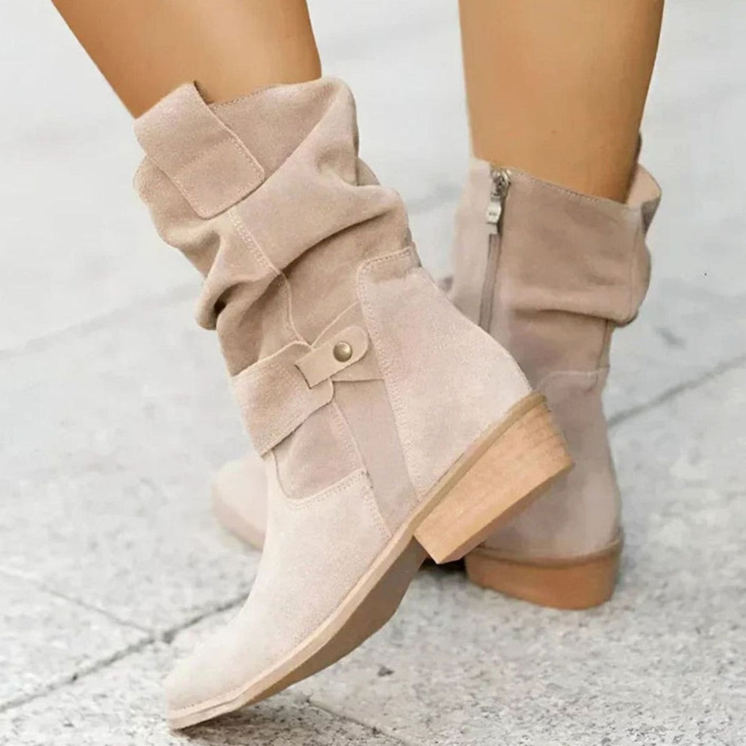 Women's Suede-Look Block-Heel Slouch Ankle Boots Side Zip - Beige