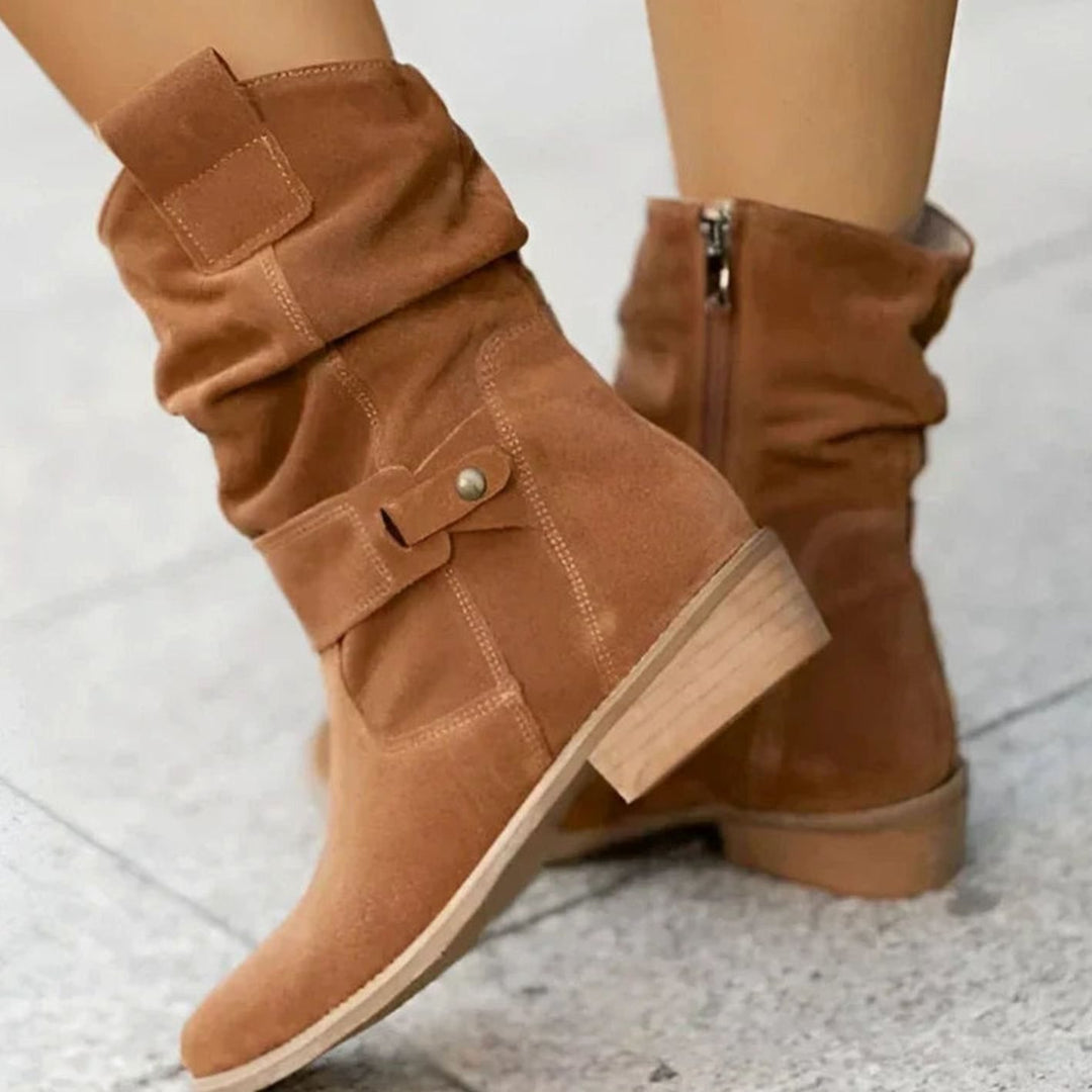 Women's Suede-Look Block-Heel Slouch Ankle Boots Side Zip - Brown