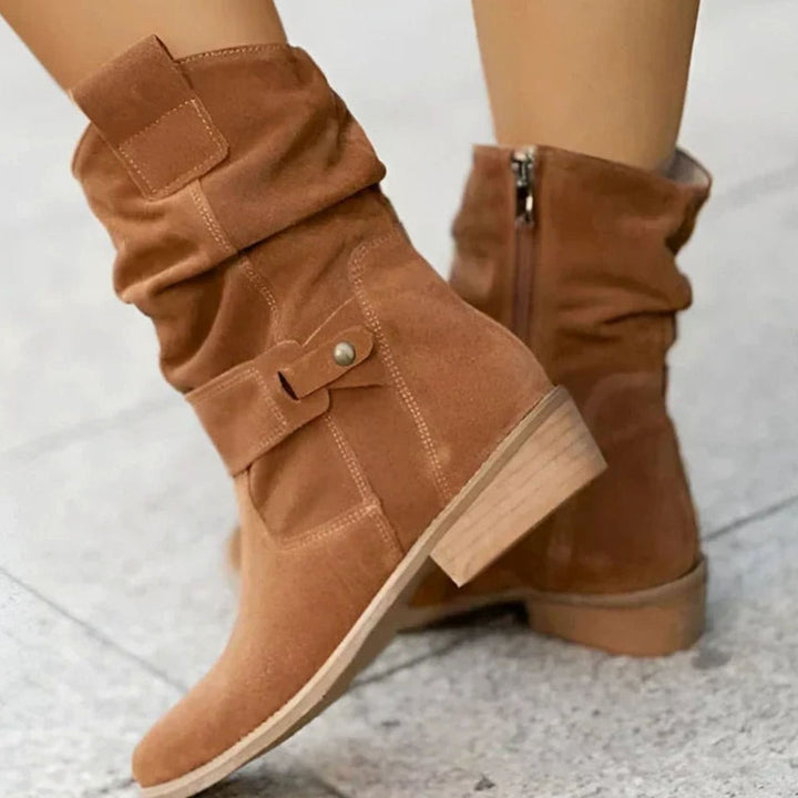 Women's Suede-Look Block-Heel Slouch Ankle Boots Side Zip - Brown