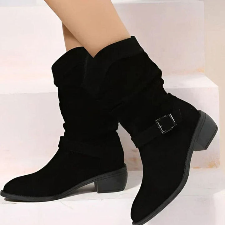 Women's Suede-Look Block-Heel Slouch Ankle Boots Side Zip - Black