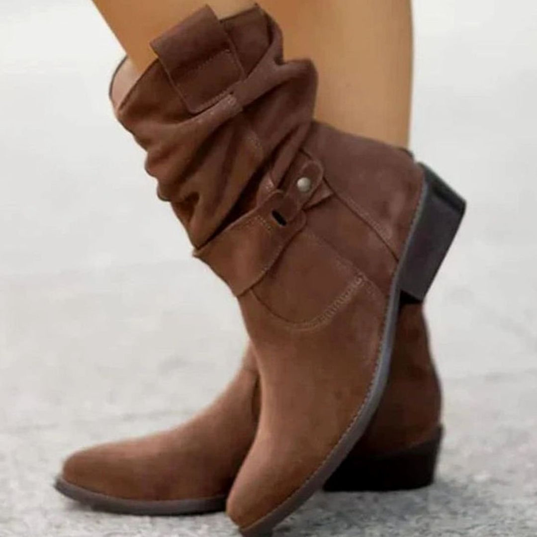 Women's Suede-Look Block-Heel Slouch Ankle Boots Side Zip - Dark Brown