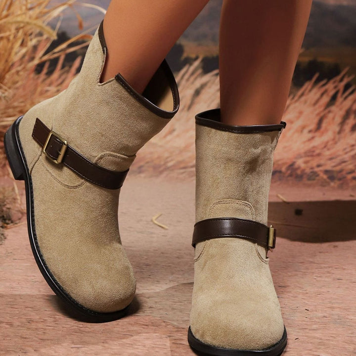 Women's Suede Slip-On Ankle Boots Buckle Strap Block Heel