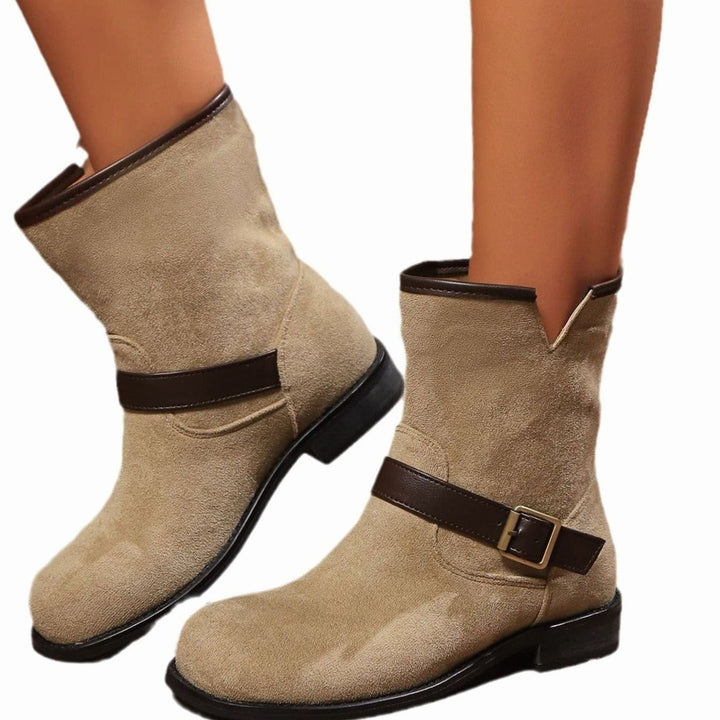 Women's Suede Slip-On Ankle Boots Buckle Strap Block Heel