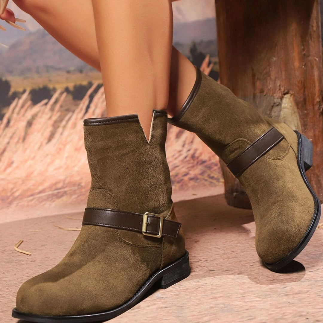 Women's Suede Slip-On Ankle Boots Buckle Strap Block Heel - Dark Brown