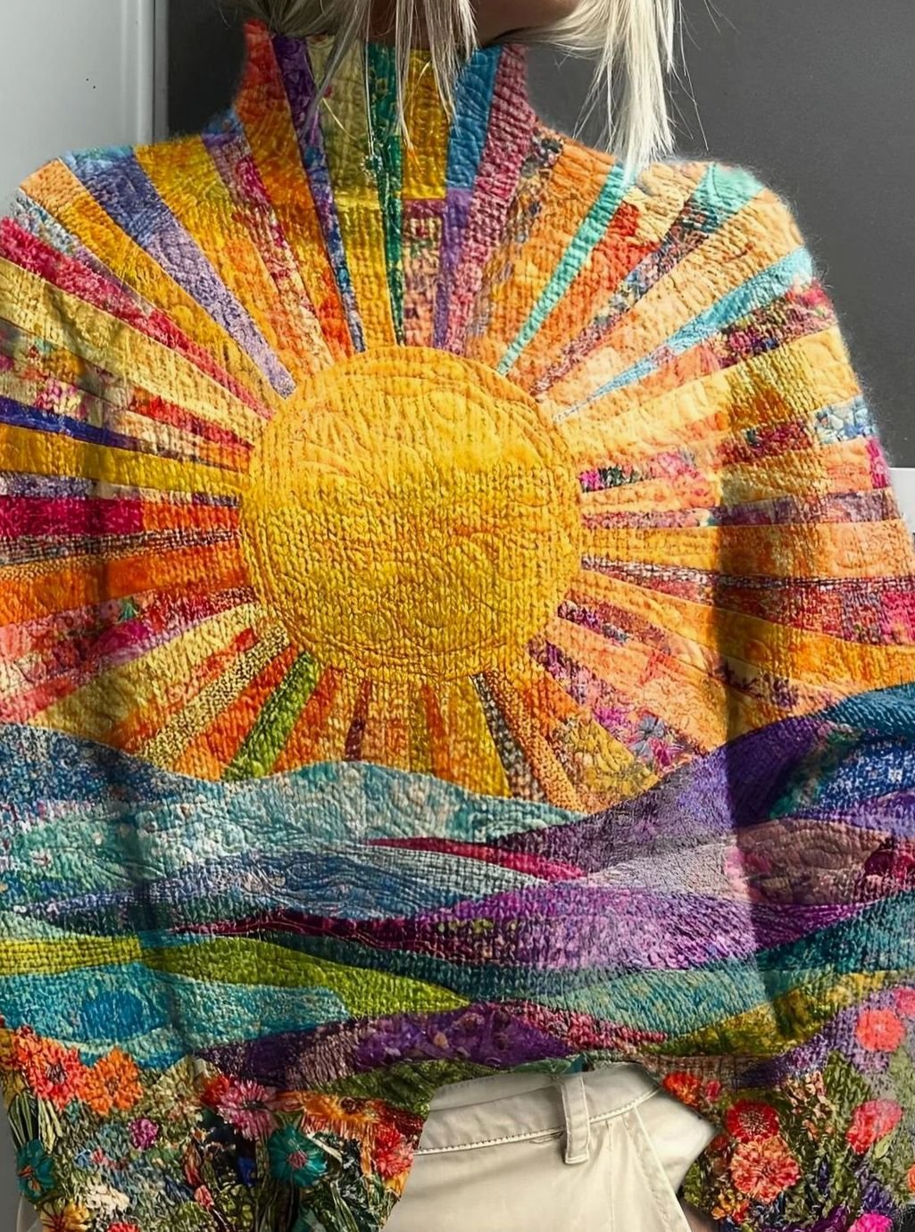 Women's Sunshine Print Colourful Turtleneck Jumper