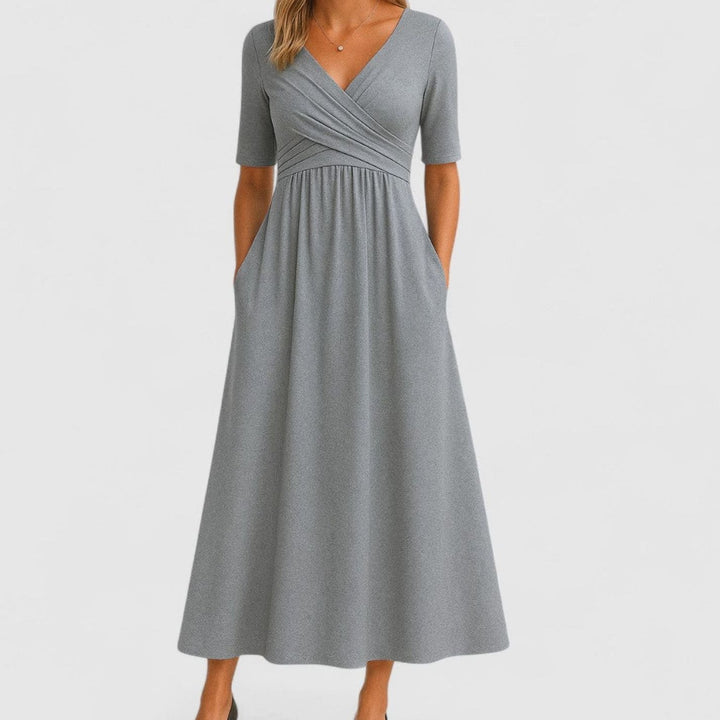 Women's Surplice V-Neck Elbow-Sleeve Flared Midi Dress with Pockets - Grey