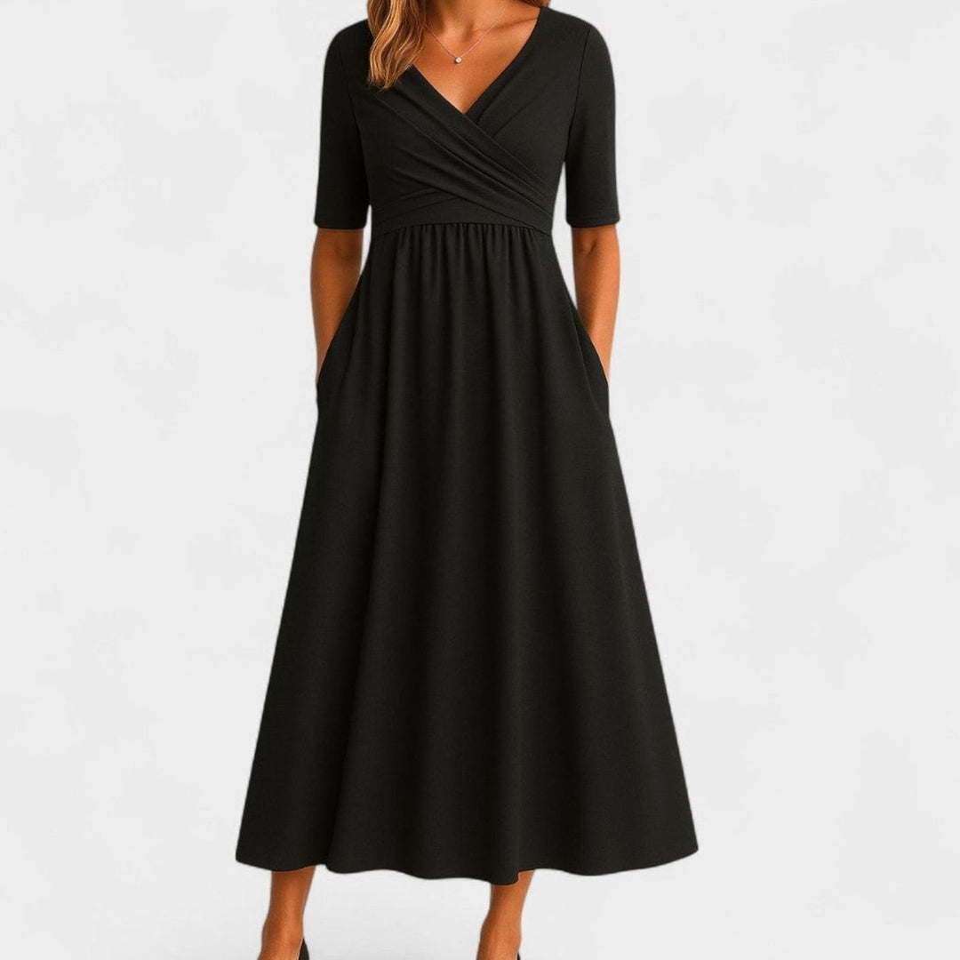 Women's Surplice V-Neck Elbow-Sleeve Flared Midi Dress with Pockets - Black