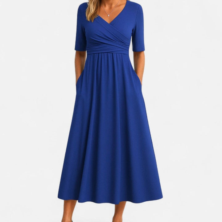 Women's Surplice V-Neck Elbow-Sleeve Flared Midi Dress with Pockets - Blue