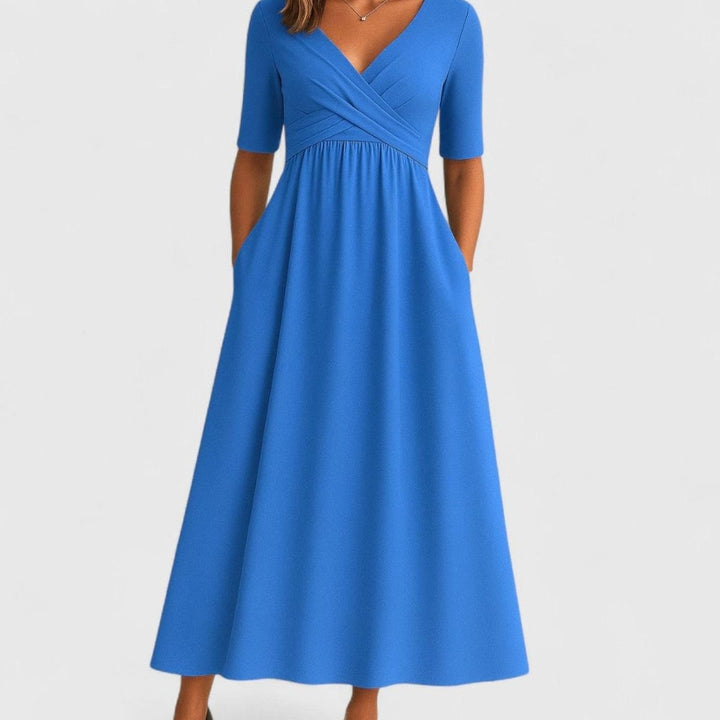 Women's Surplice V-Neck Elbow-Sleeve Flared Midi Dress with Pockets - Light Blue