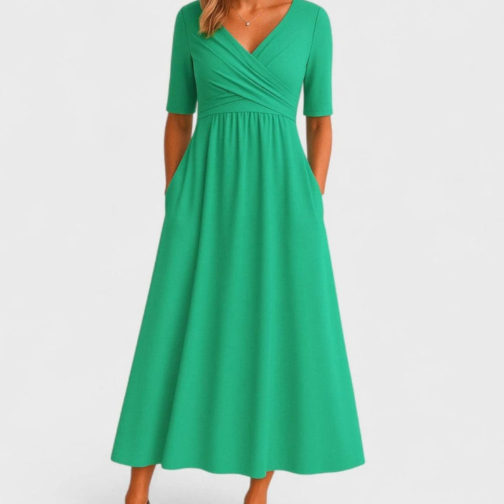 Women's Surplice V-Neck Elbow-Sleeve Flared Midi Dress with Pockets - Green