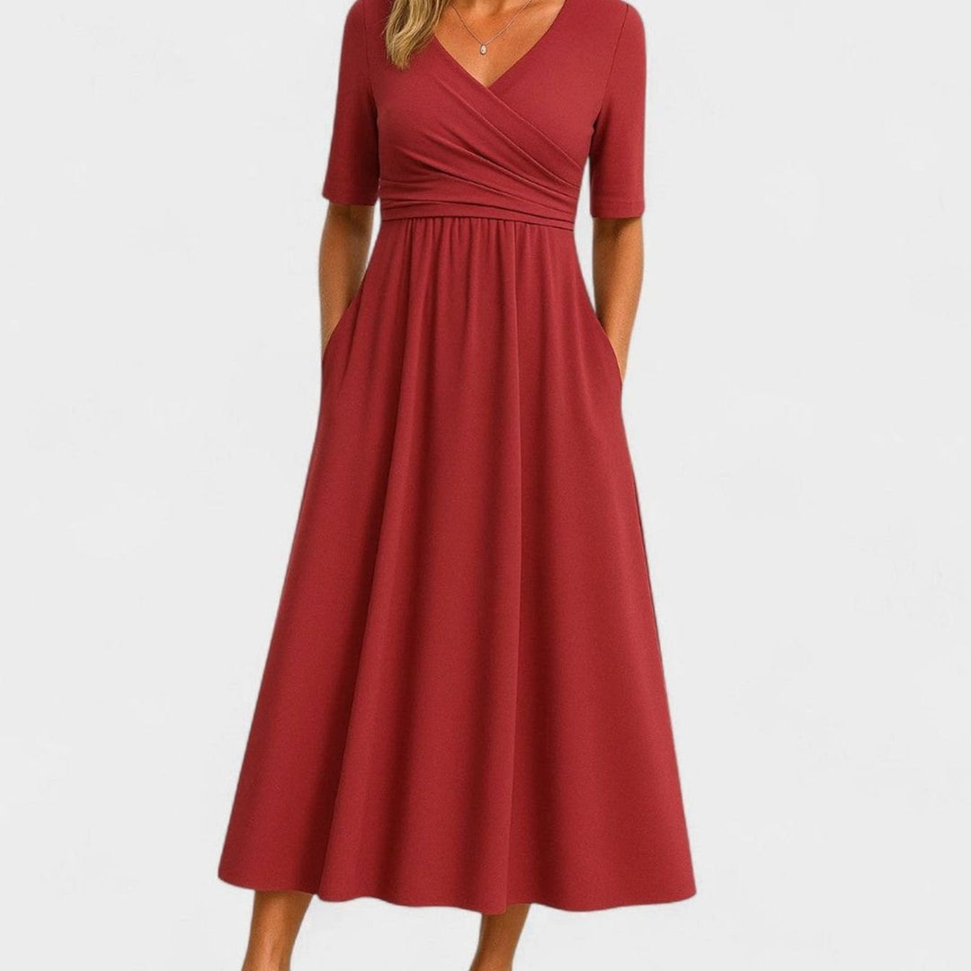 Women's Surplice V-Neck Elbow-Sleeve Flared Midi Dress with Pockets - Red