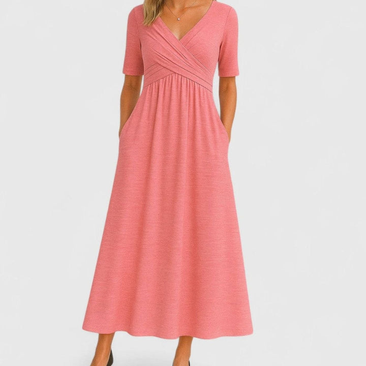 Women's Surplice V-Neck Elbow-Sleeve Flared Midi Dress with Pockets - Pink