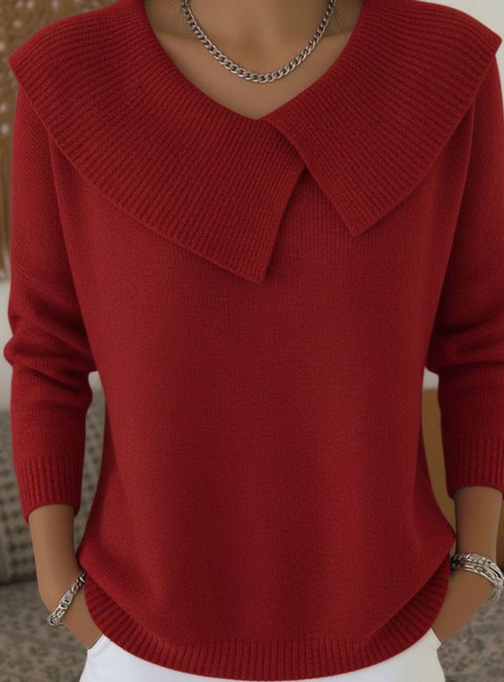 Women's Swing-Collar Long Sleeve Knitted Jumper - Red