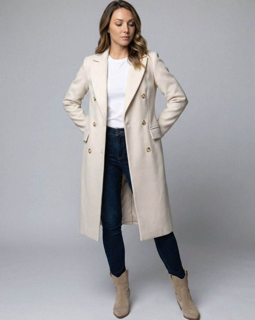 Women's Tailored Double-Breasted Gold-Button Midi Overcoat