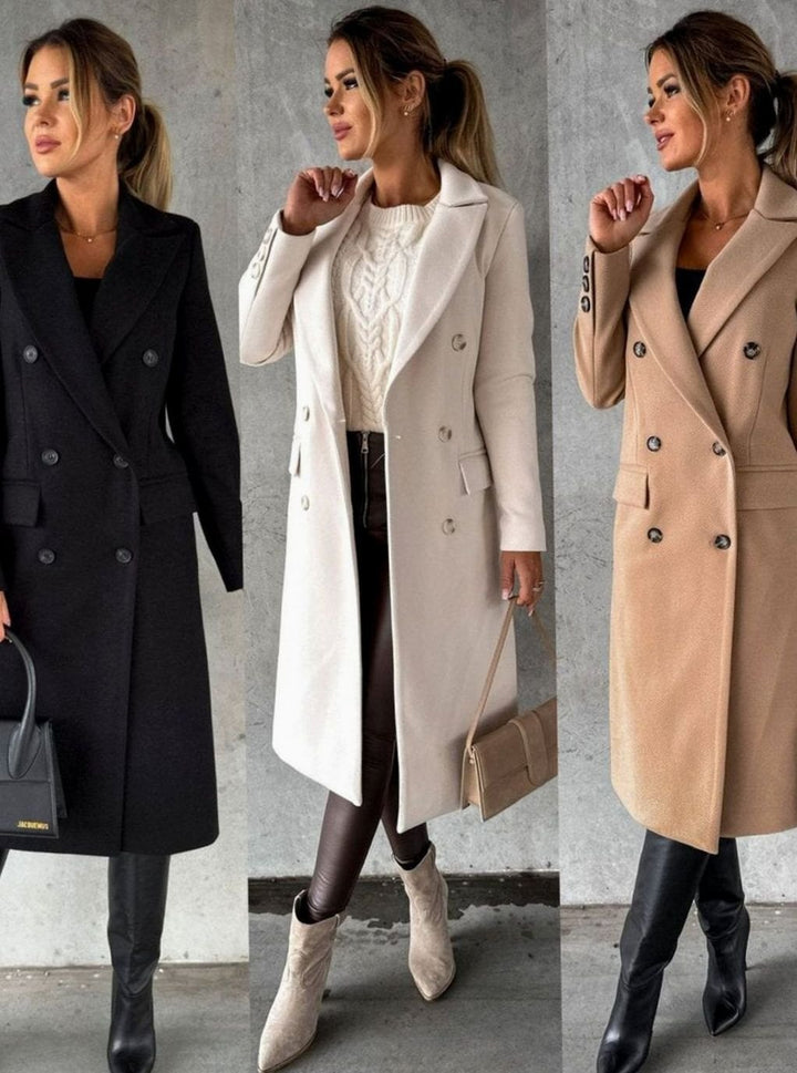 Women's Tailored Double-Breasted Gold-Button Midi Overcoat