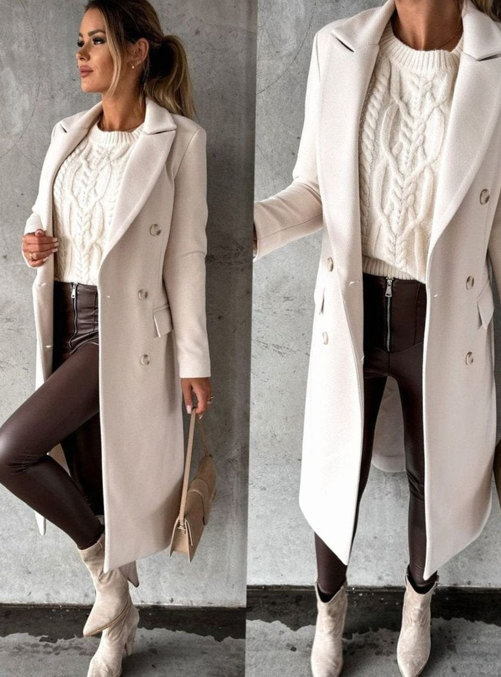Women's Tailored Double-Breasted Gold-Button Midi Overcoat