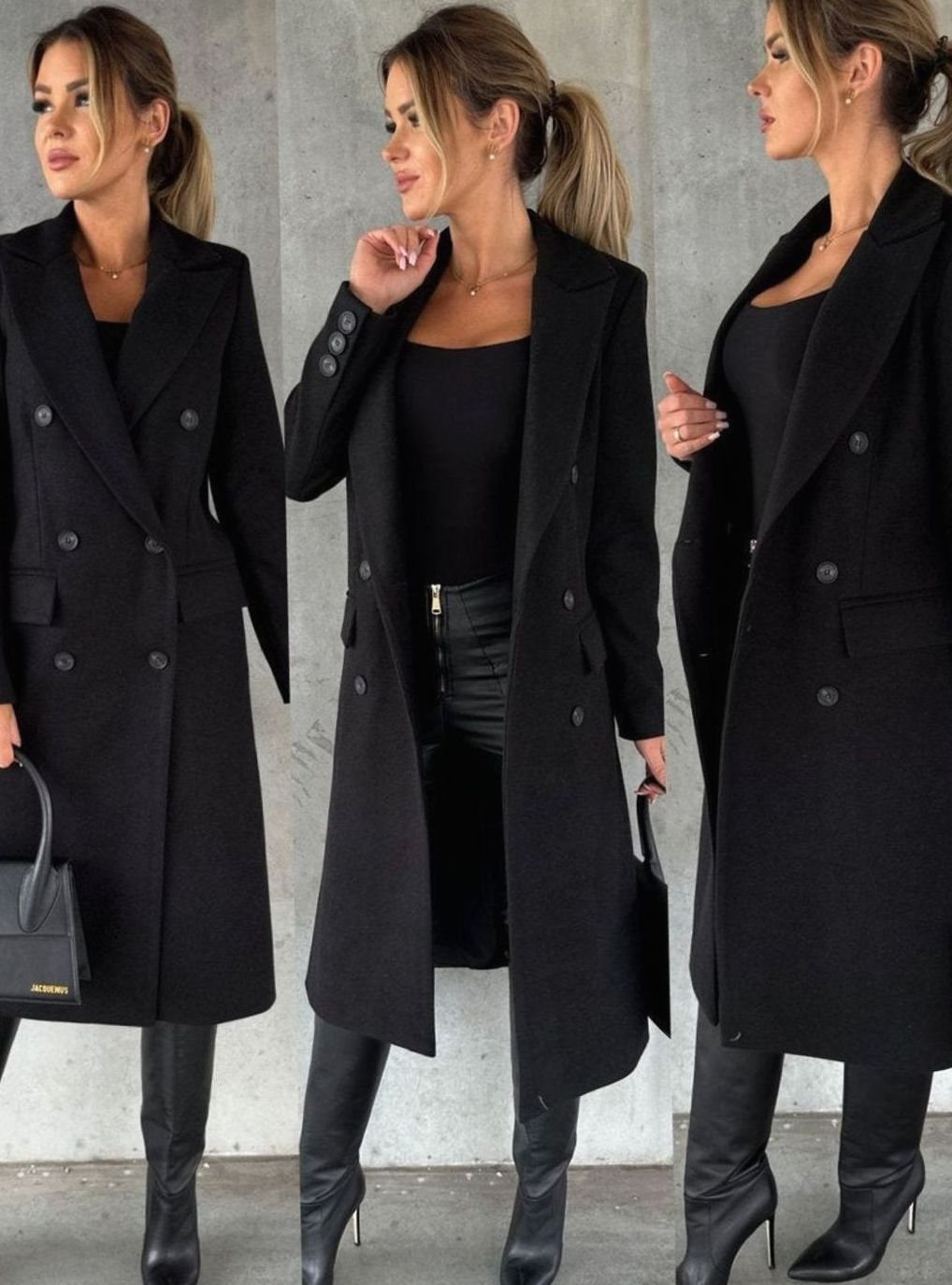 Women's Tailored Double-Breasted Gold-Button Midi Overcoat