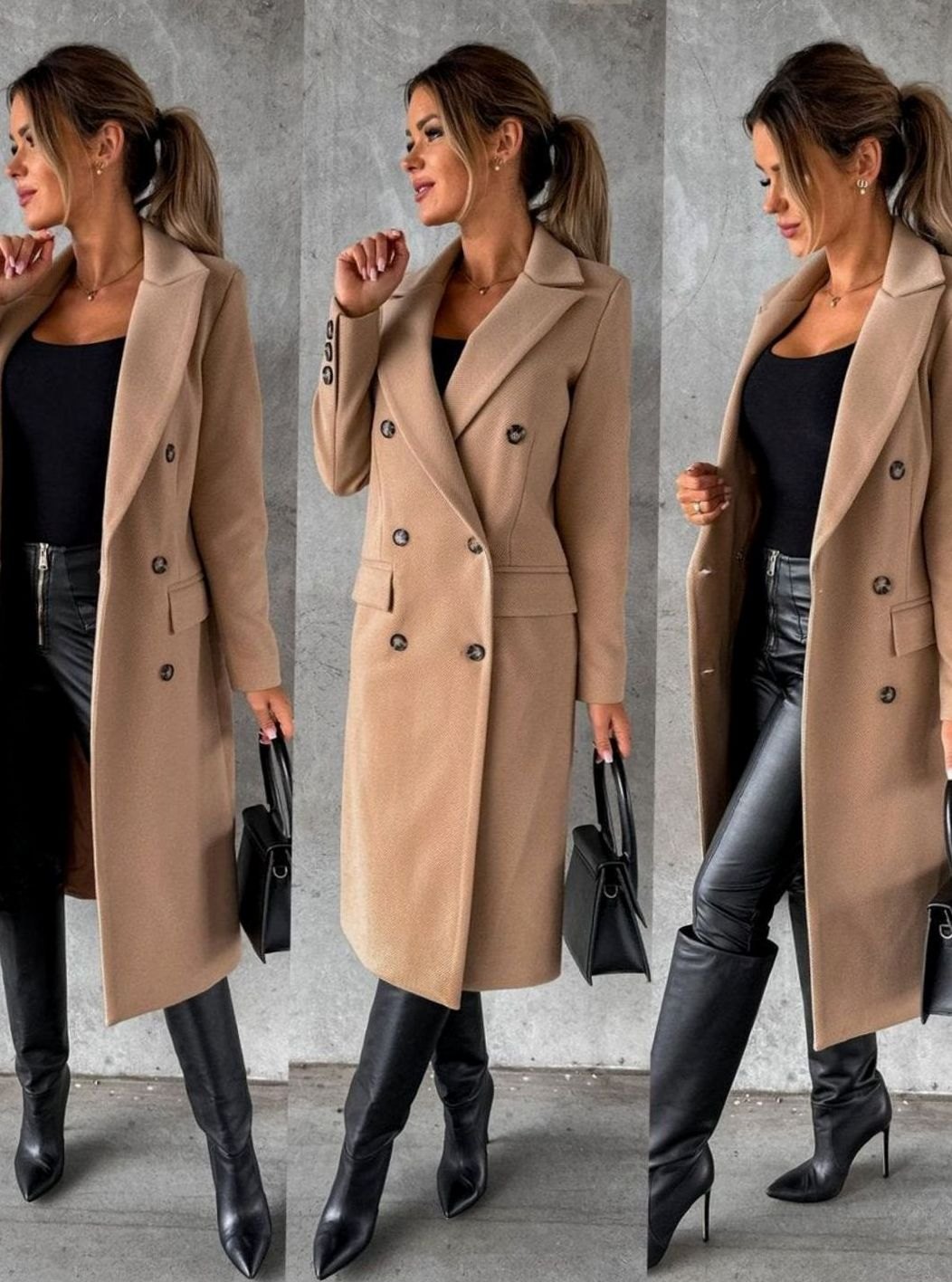 Women's Tailored Double-Breasted Gold-Button Midi Overcoat