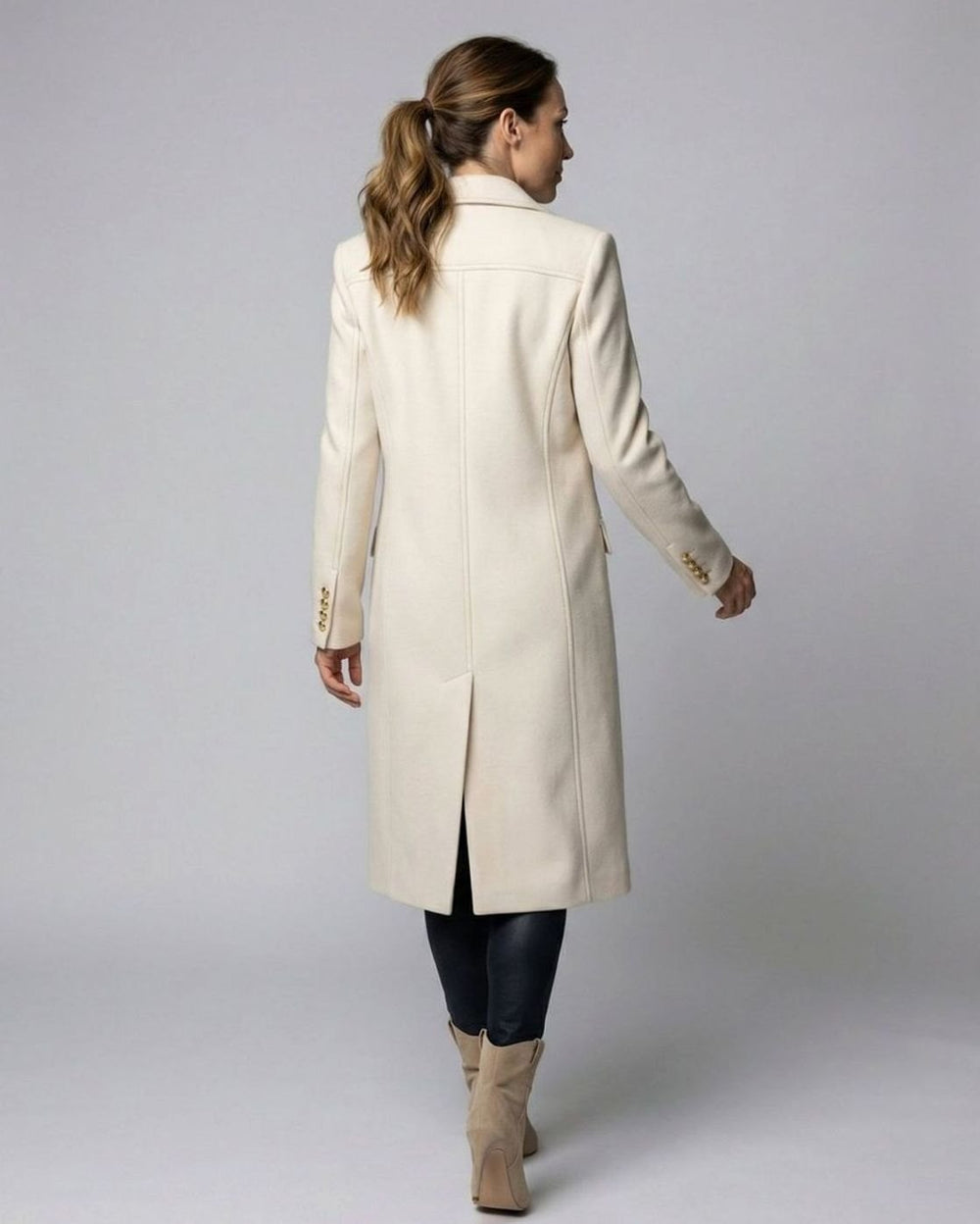 Women's Tailored Double-Breasted Gold-Button Midi Overcoat