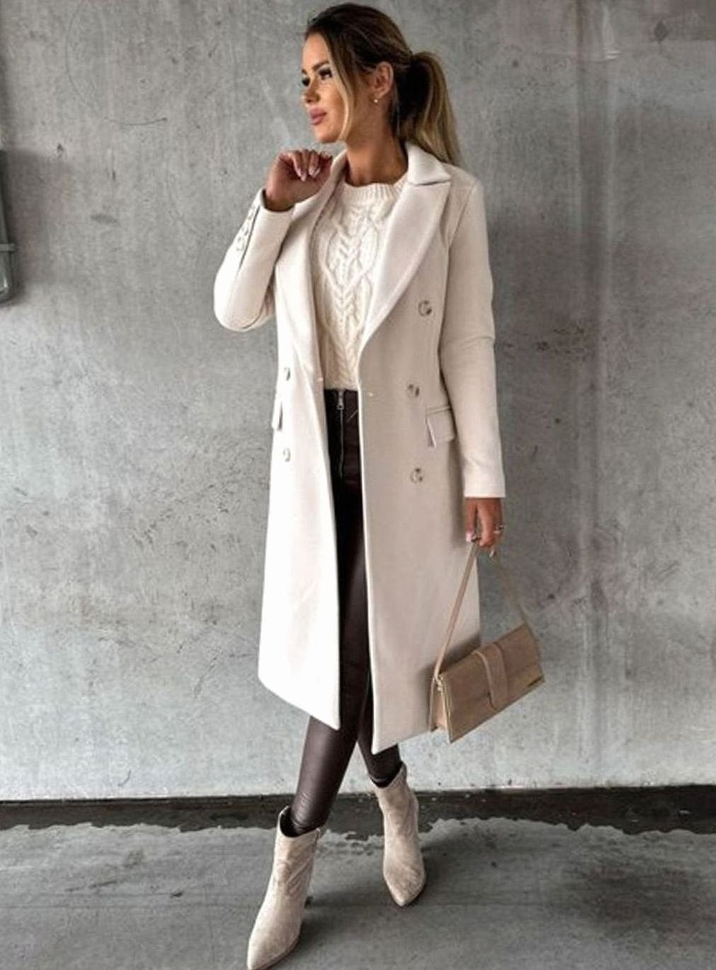 Women's Tailored Double-Breasted Gold-Button Midi Overcoat