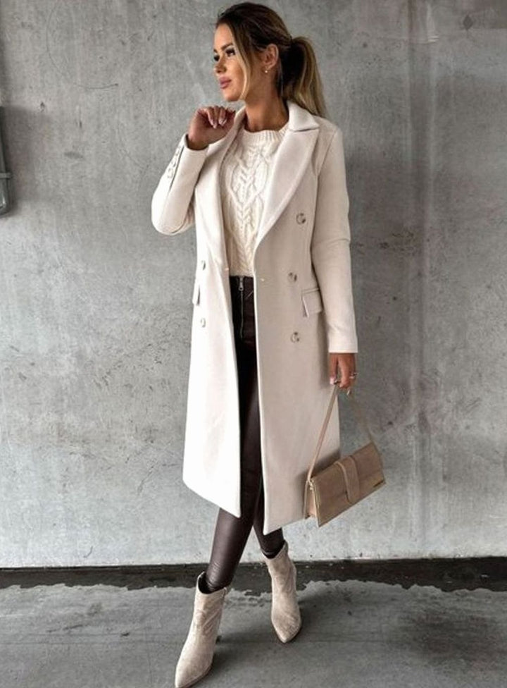 Women's Tailored Double-Breasted Gold-Button Midi Overcoat