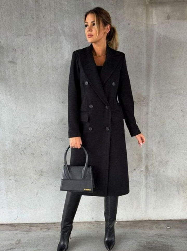 Women's Tailored Double-Breasted Gold-Button Midi Overcoat - Black