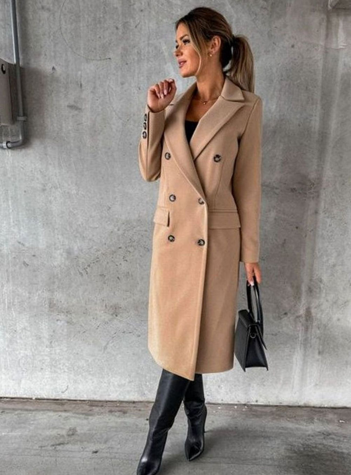 Women's Tailored Double-Breasted Gold-Button Midi Overcoat - Khaki