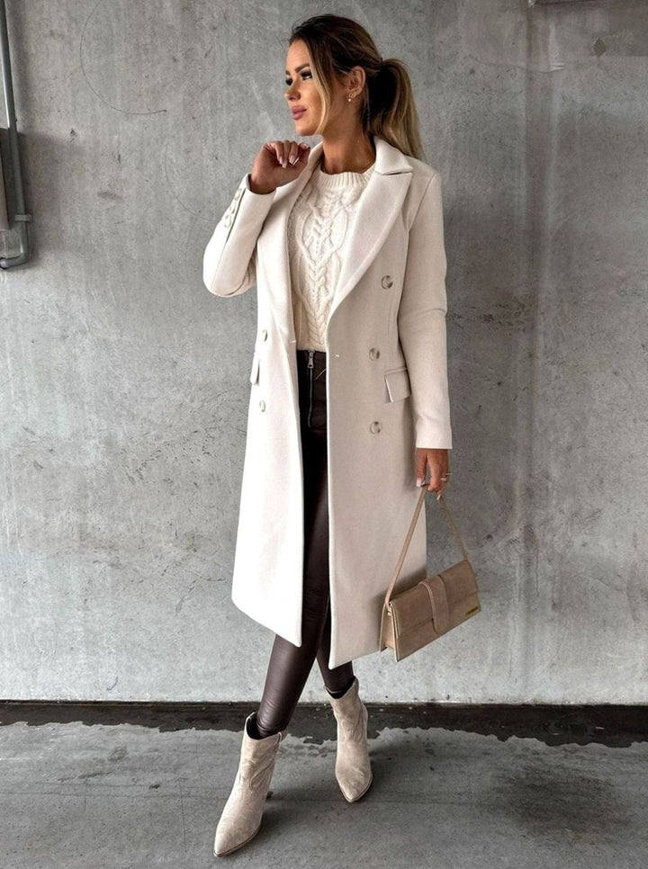 Women's Tailored Double-Breasted Gold-Button Midi Overcoat - Beige