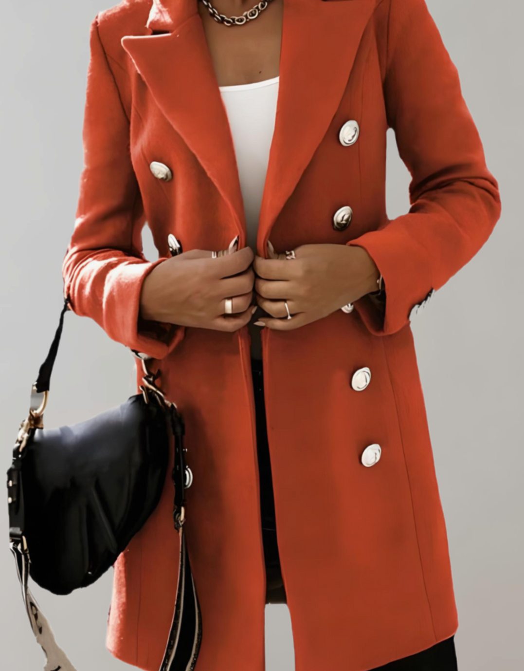 Women's Tailored Double-Breasted Trench Coat, Black - Orange-Red