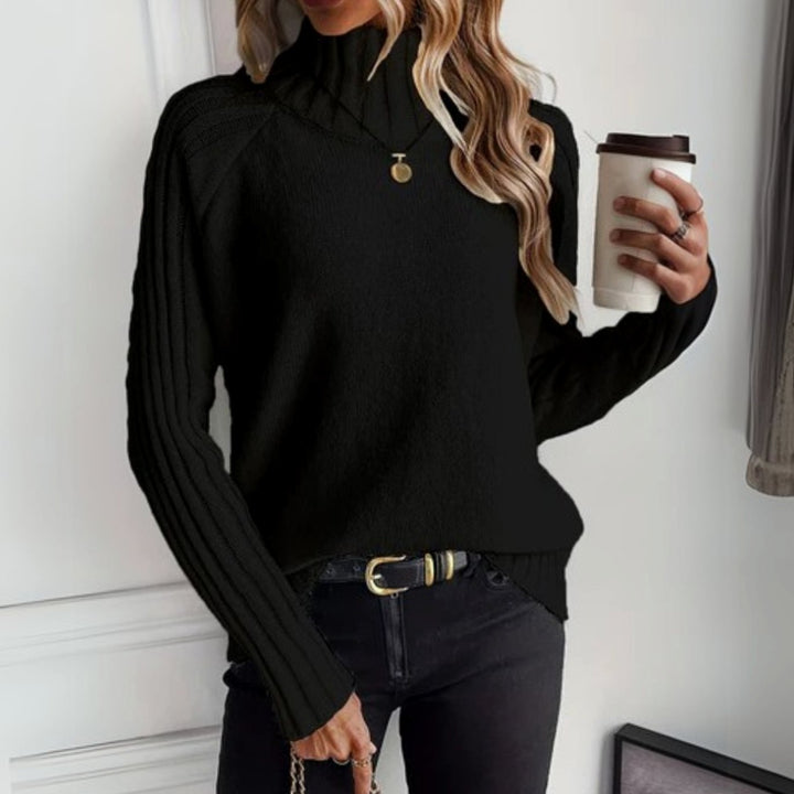 Women's Turtleneck Ribbed Raglan-Sleeve Knitted Jumper - Black