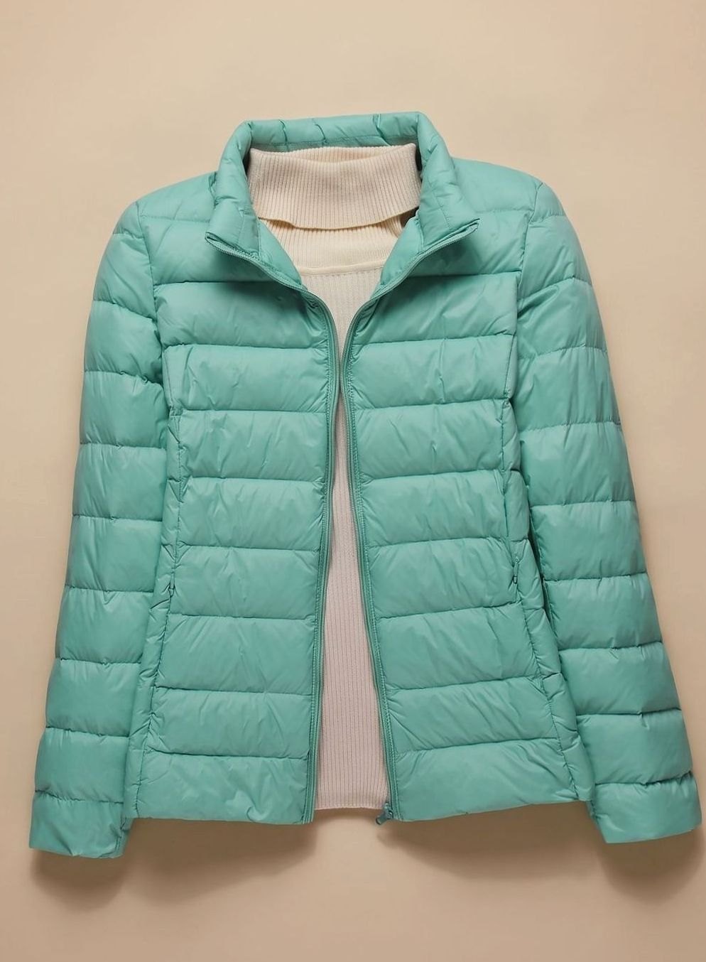 Women's Ultra-Light Hooded Quilted Padded Jacket - Turquoise Stand-Up Collar