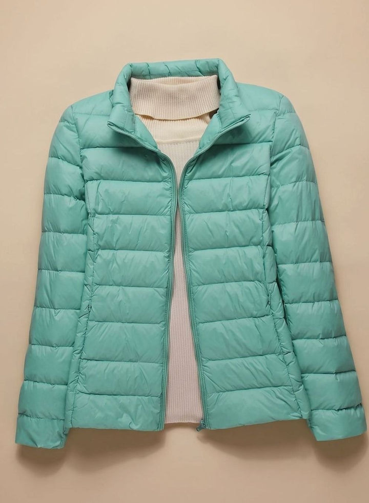 Women's Ultra-Light Hooded Quilted Padded Jacket - Turquoise Stand-Up Collar