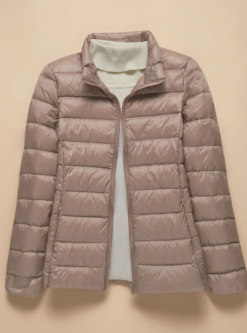 Women's Ultra-Light Hooded Quilted Padded Jacket - Khaki Stand-Up Collar