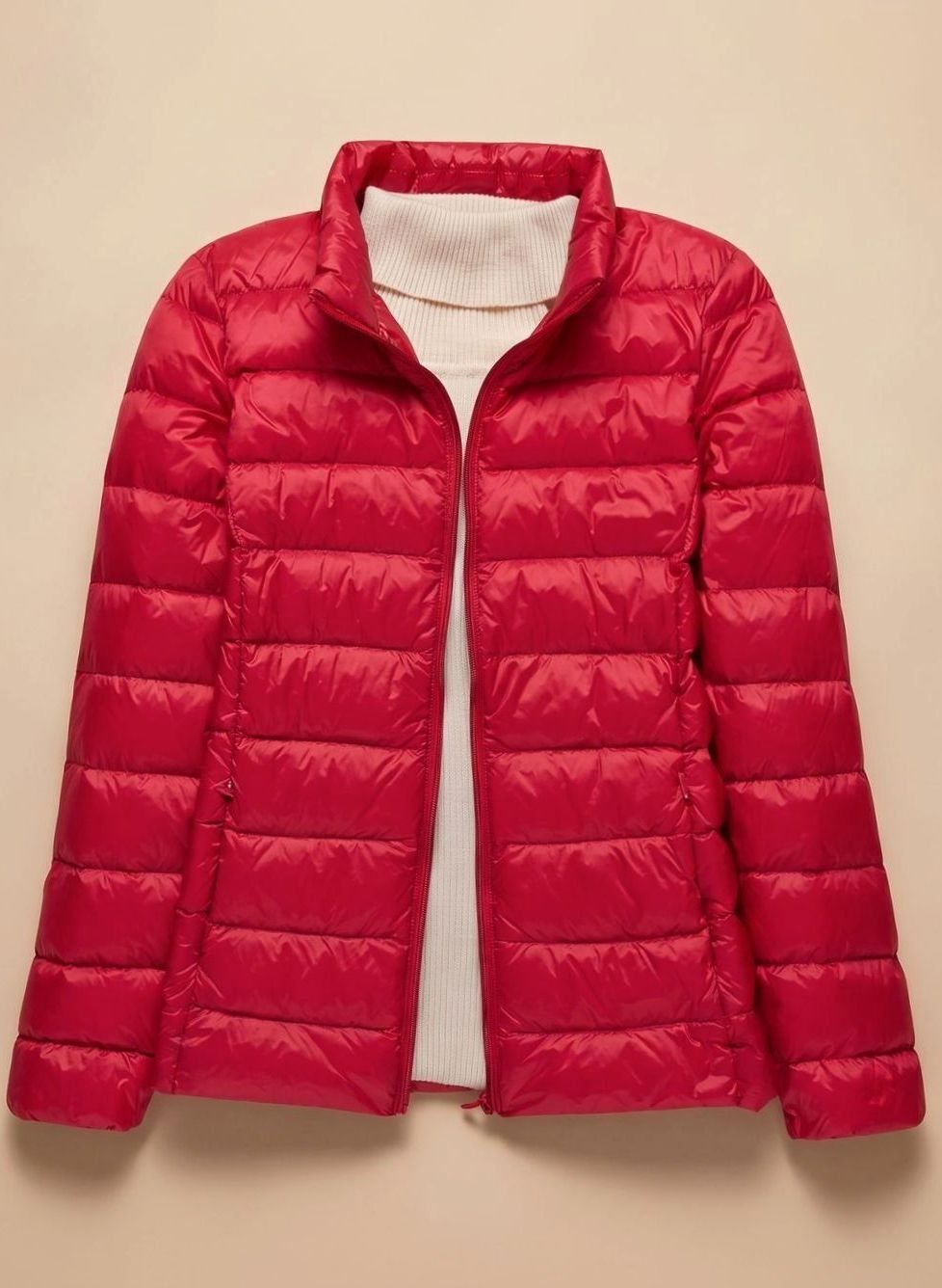 Women's Ultra-Light Hooded Quilted Padded Jacket - Red Stand-Up Collar