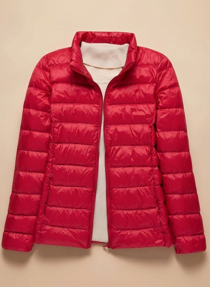 Women's Ultra-Light Hooded Quilted Padded Jacket - Red Stand-Up Collar