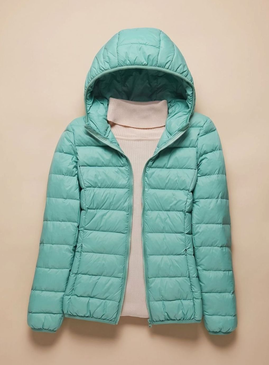 Women's Ultra-Light Hooded Quilted Padded Jacket - Turquoise Hood