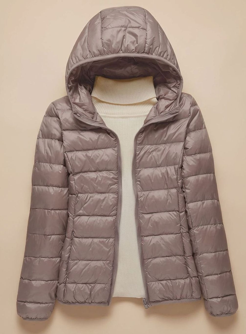 Women's Ultra-Light Hooded Quilted Padded Jacket - Khaki Hood