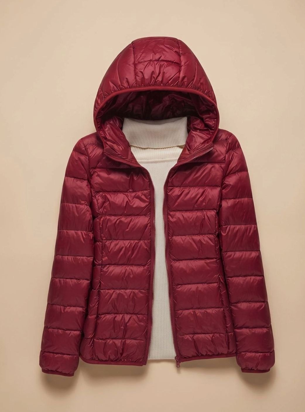 Women's Ultra-Light Hooded Quilted Padded Jacket - Burgundy Hood