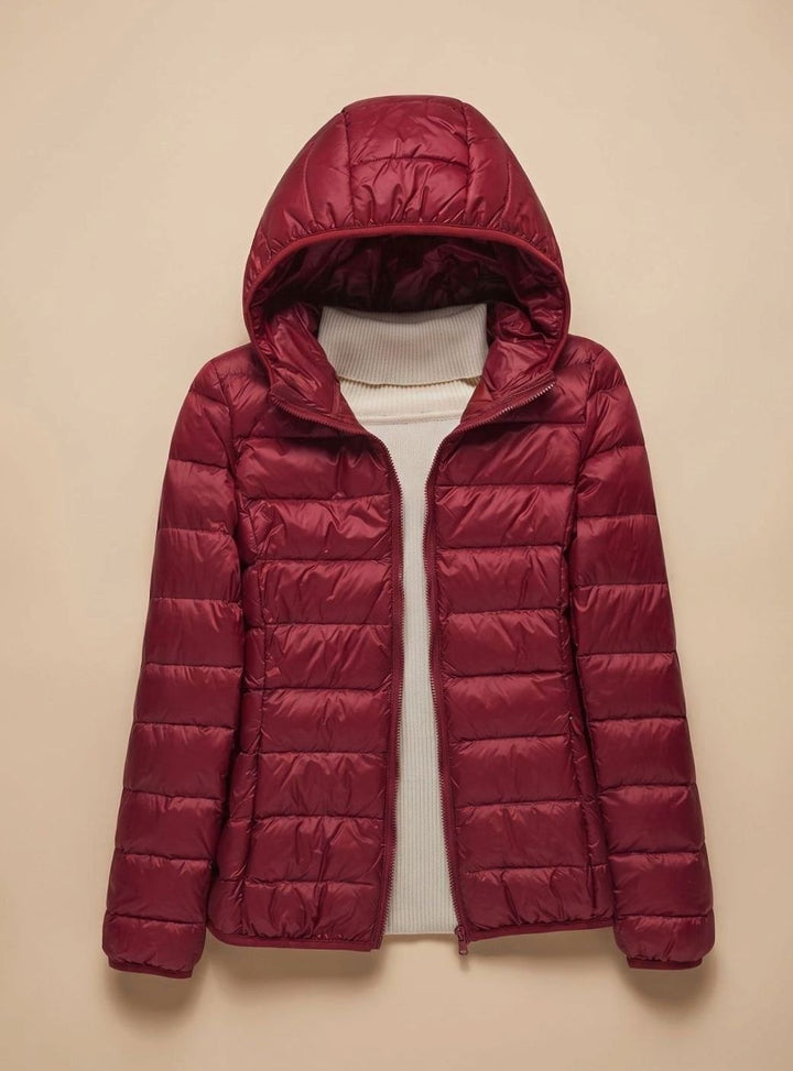 Women's Ultra-Light Hooded Quilted Padded Jacket - Burgundy Hood