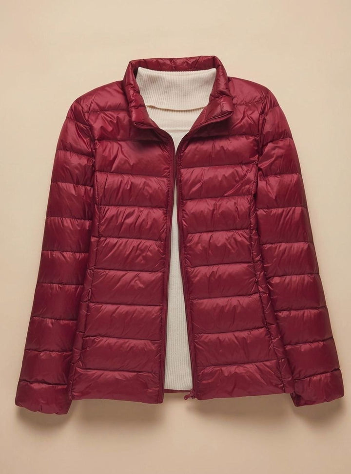 Women's Ultra-Light Hooded Quilted Padded Jacket - Burgundy Stand-Up Collar
