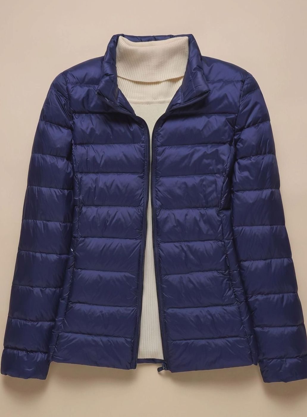 Women's Ultra-Light Hooded Quilted Padded Jacket - Dark Blue Stand-Up Collar