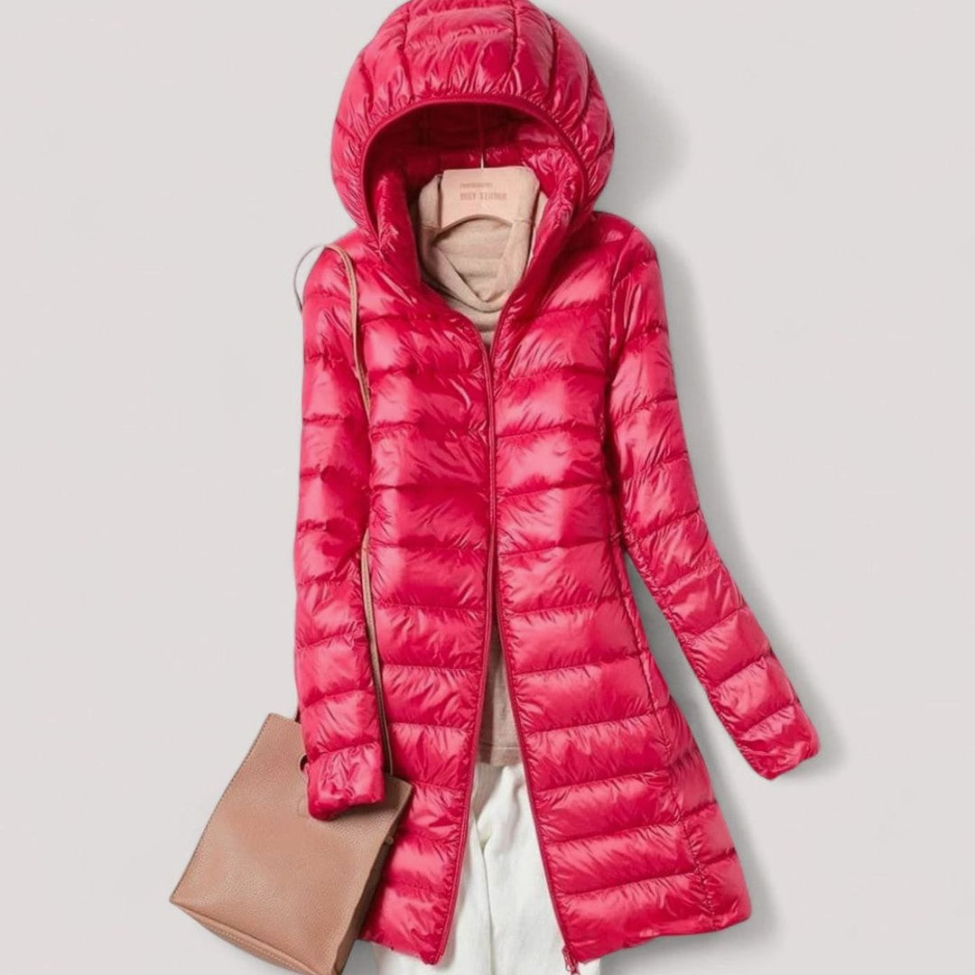 Women's Ultralight Hooded Quilted Puffer Mid-Length Coat - Burgundy