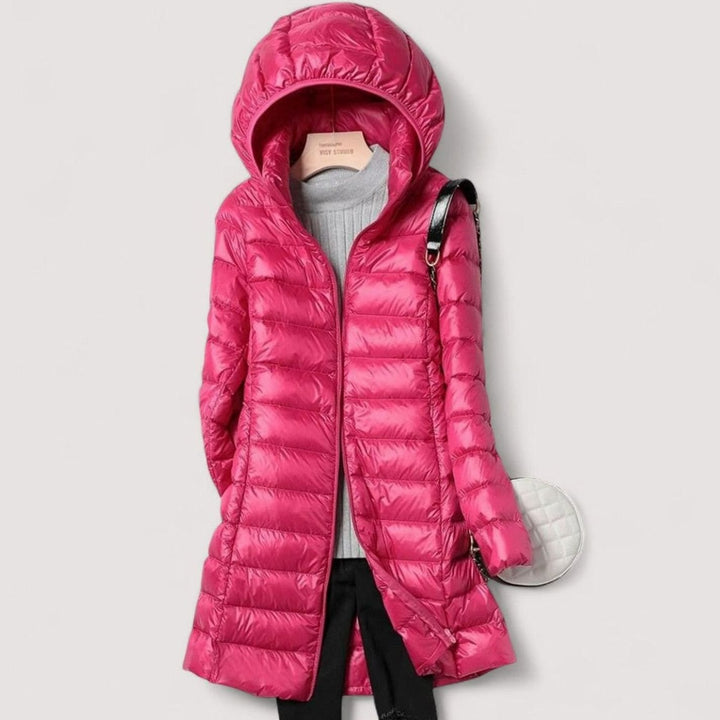 Women's Ultralight Hooded Quilted Puffer Mid-Length Coat - Fuchsia