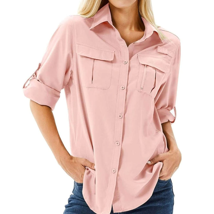 Women's UPF 50 Roll-Up Sleeve Safari Hiking Shirt - Pink