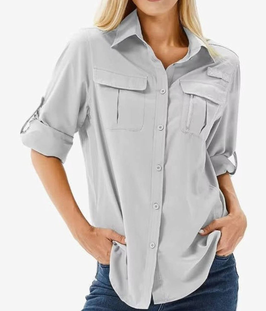 Women's UPF 50 Roll-Up Sleeve Safari Hiking Shirt - Light Grey
